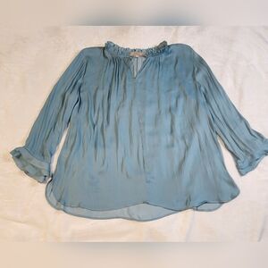 LOFT Light Blue Blouse with Ruffle Neckline, EUC, Size XXL